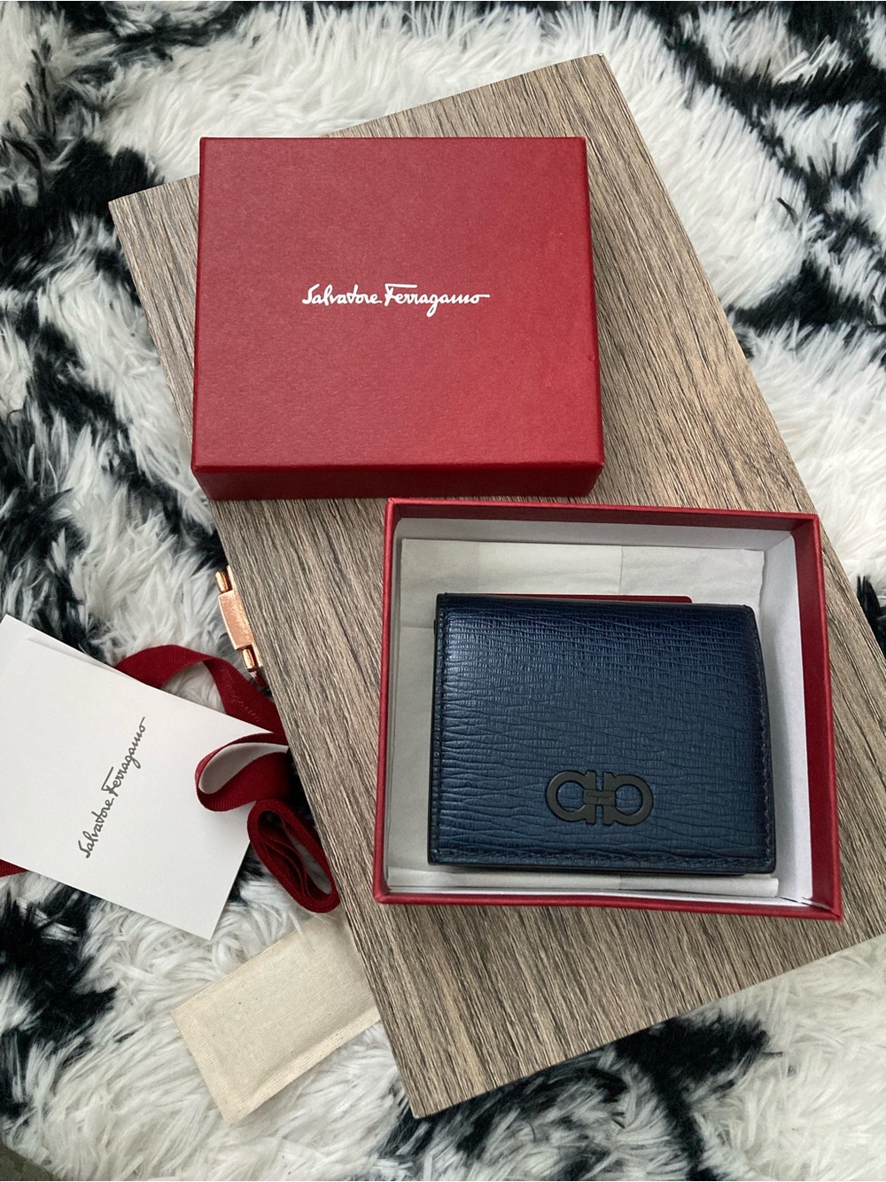Salvatore Ferragamo Navy Textured Leather Card Holder with Gancini